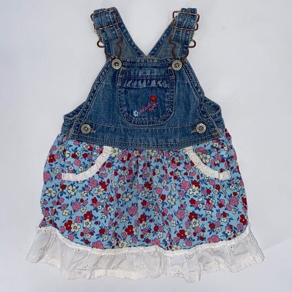 OshKosh B’gosh Denim Overall Dress Floral Print 9 Months Old - Picture 1 of 9